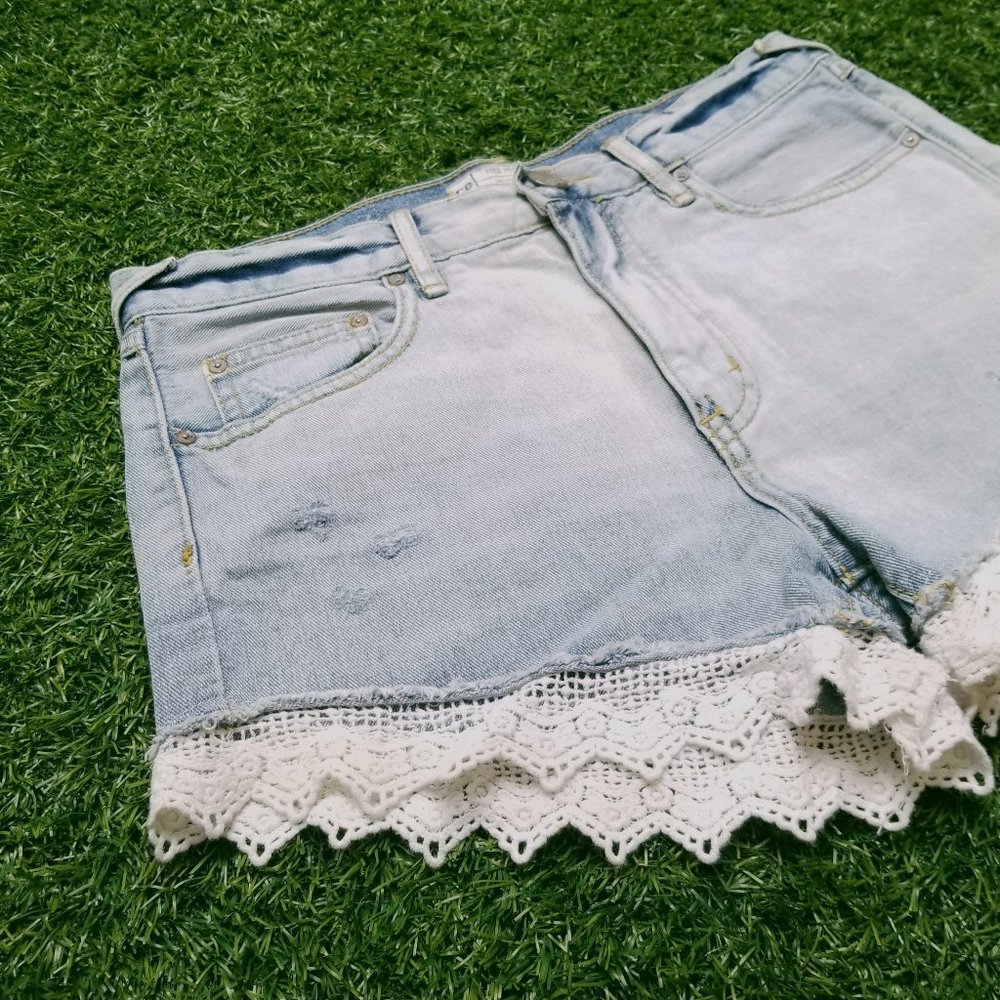 Free People Lace Trim Denim Shorts
